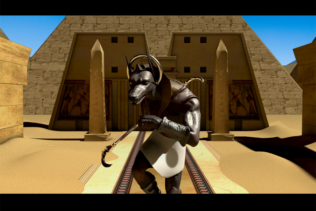 3D animation of Egyptian God Anubis in front of pyramid