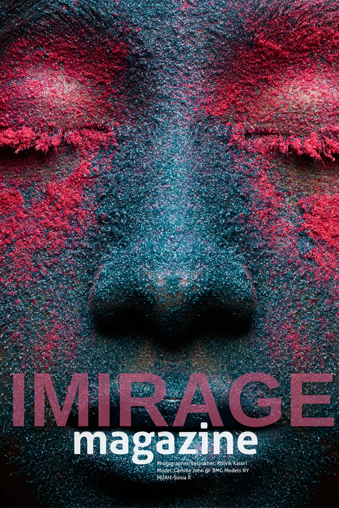﻿Face covered in blue and pink powder with 'Imirage Magazine' written on bottom