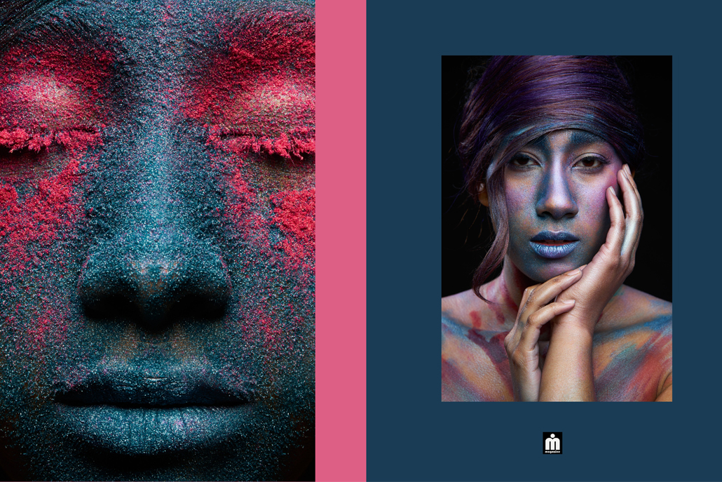 Face covered in blue and pink powder next to image of woman posing covered in powder