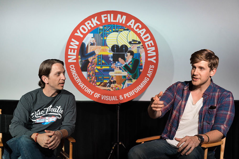 NYFA Conservatory of Visual & Performing Arts acting screening Q&A with two men in directors chairs answering questions.