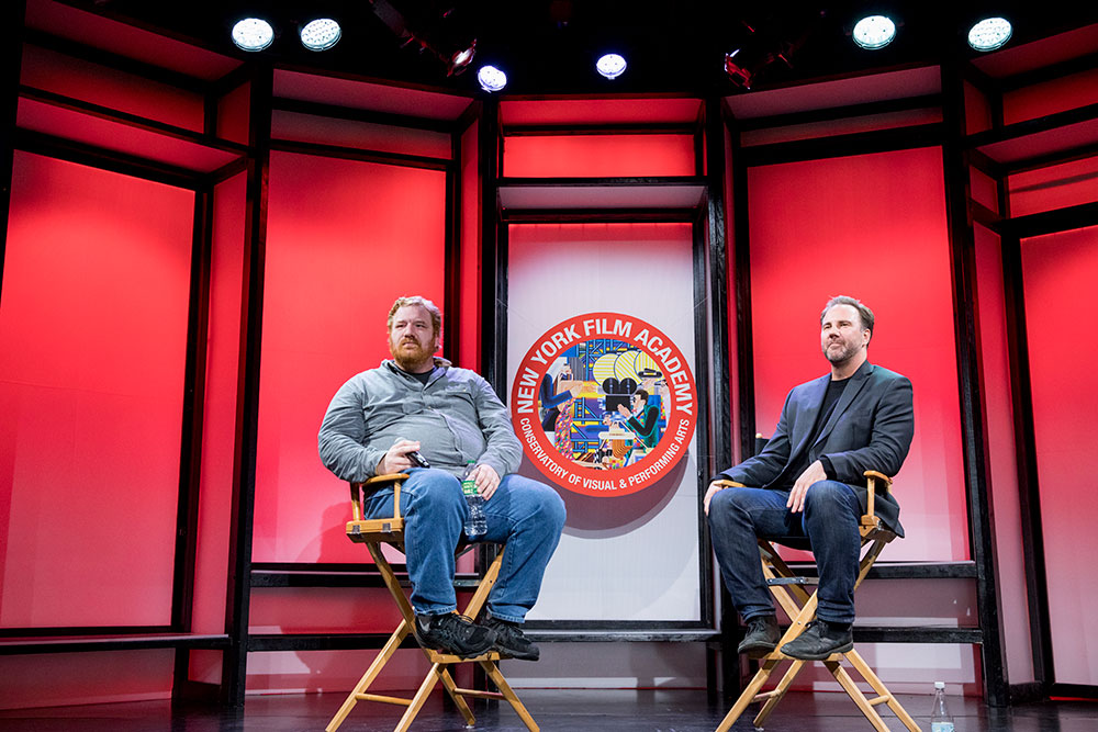 NYFA Conservatory of Visual & Performing Arts acting screening Q&A with two men in directors chairs on stage.