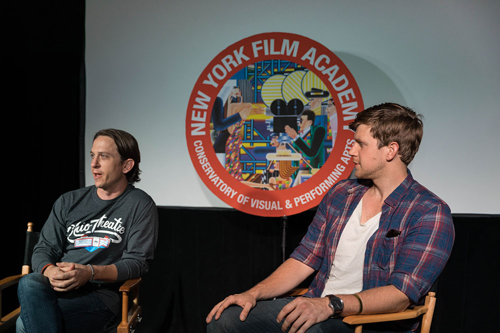 NYFA Conservatory of Visual & Performing Arts acting screening Q&A with two men in directors chairs on stage. 