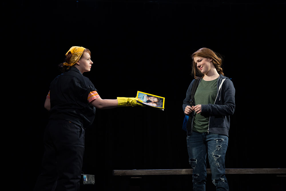 NYFA And Then They Fell actresses exchanging dialogue on stage. 