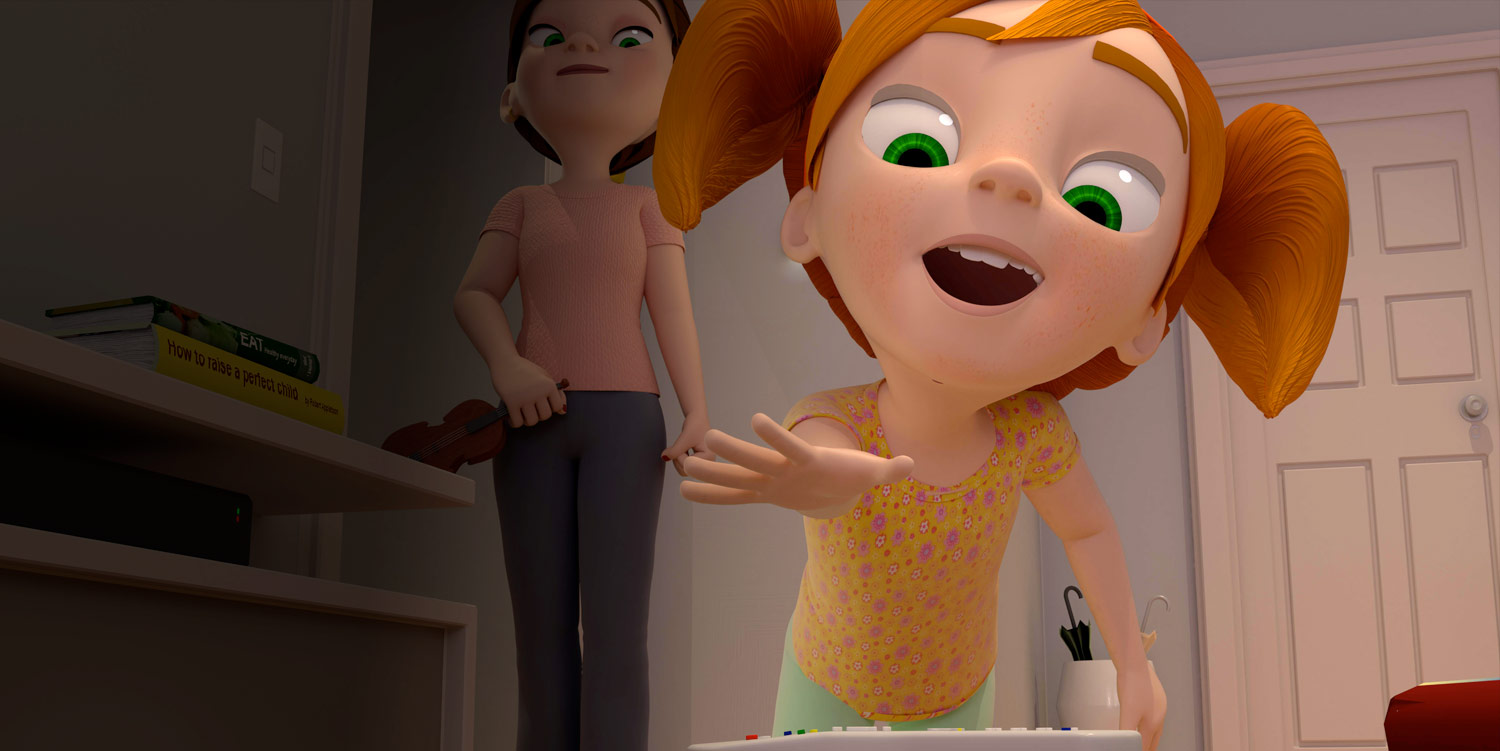 girl with pigtails reaching for remote 3D animation student example