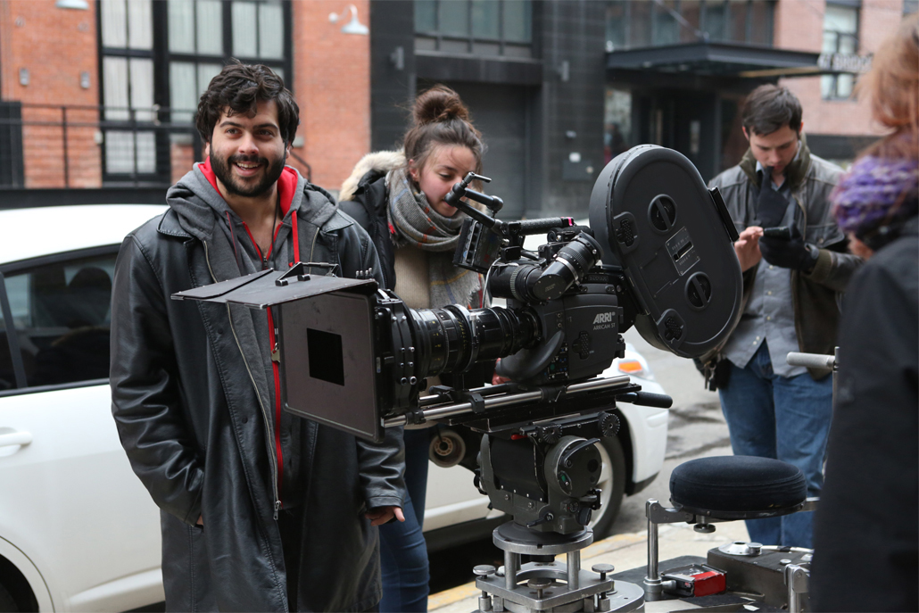 Two actors filming on set