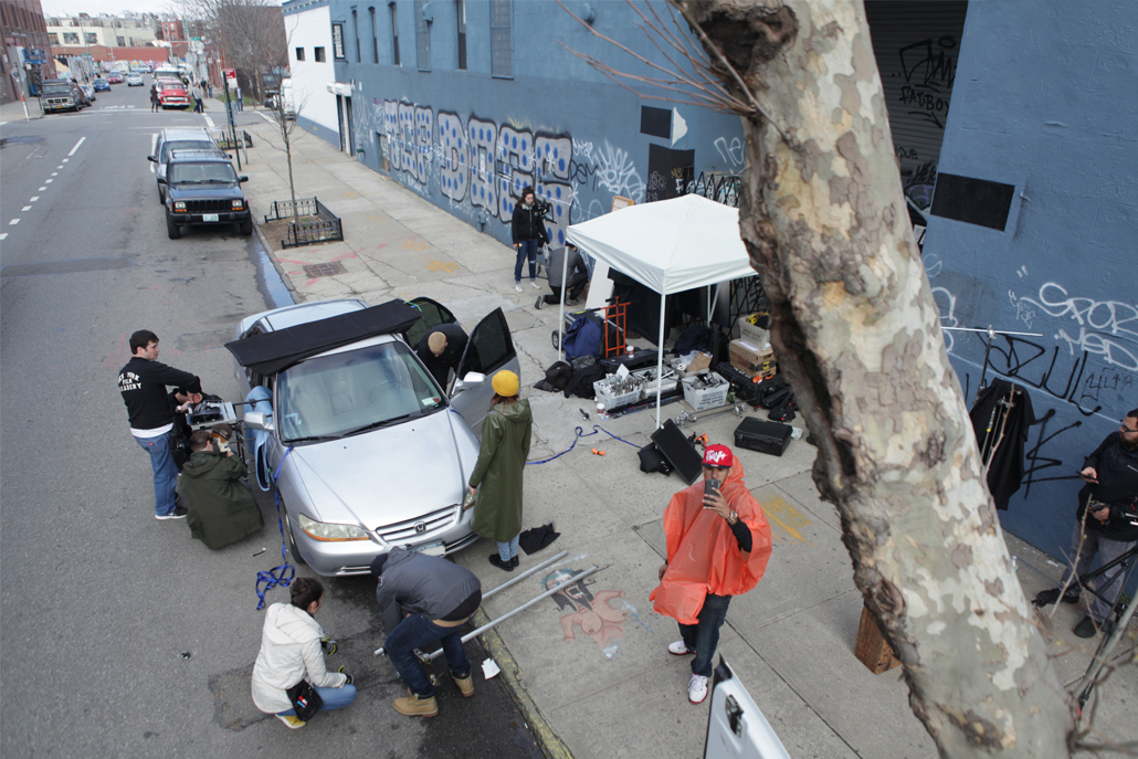 Crew members setting up outdoors set