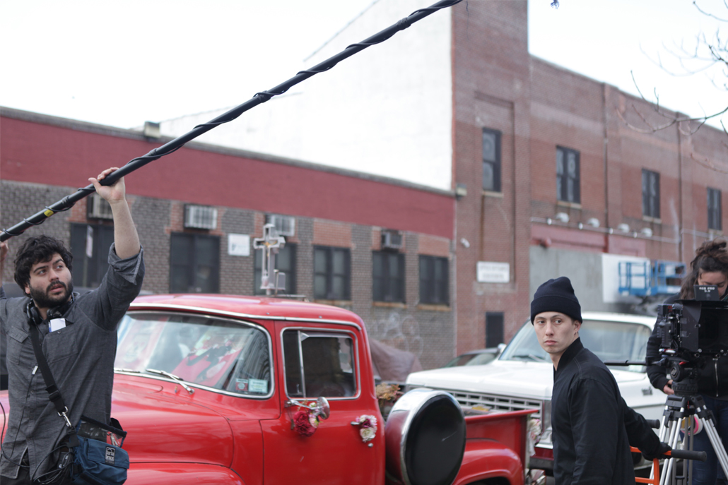 Crew members working on outdoors set