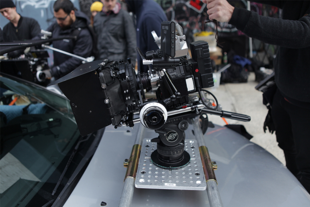 Close-up of front car camera rig