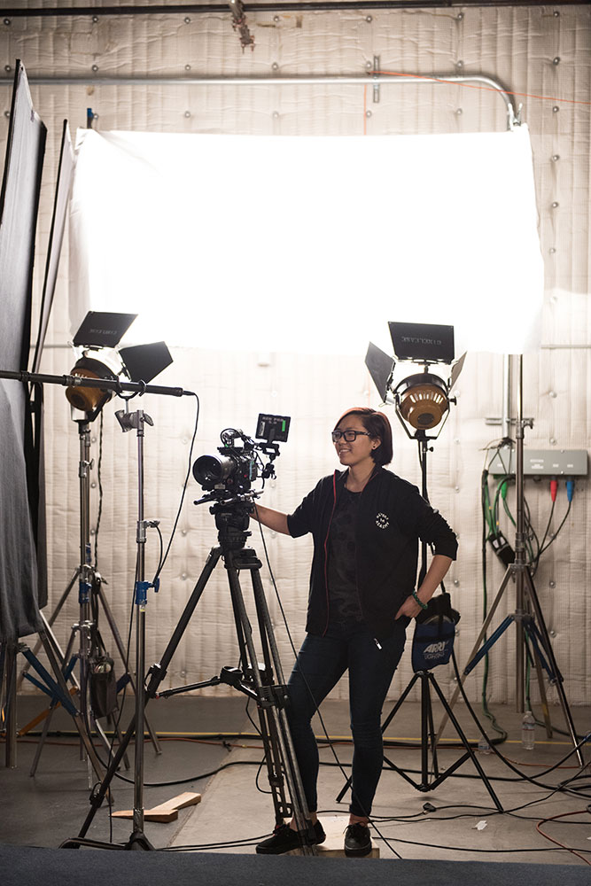 woman on set looking at camera