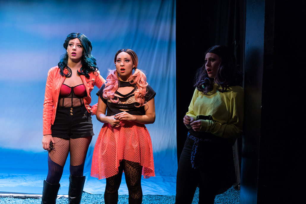 NYFA musical theatre students in colorful mesh punk costumes sing in Eurydice.