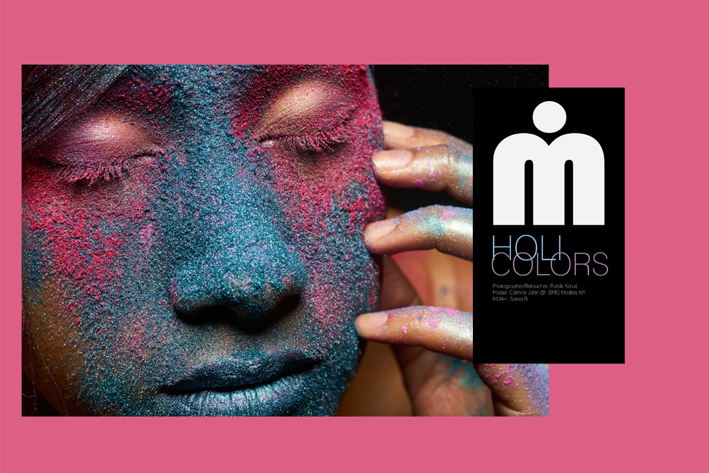 Face covered in blue and pink powder with 'Holi Colors' written on the right side
