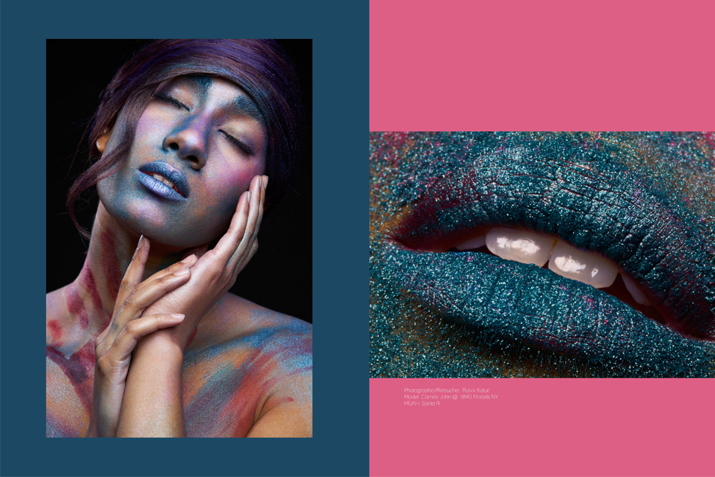 Woman covered in colored powered next to image of blue glitter lips