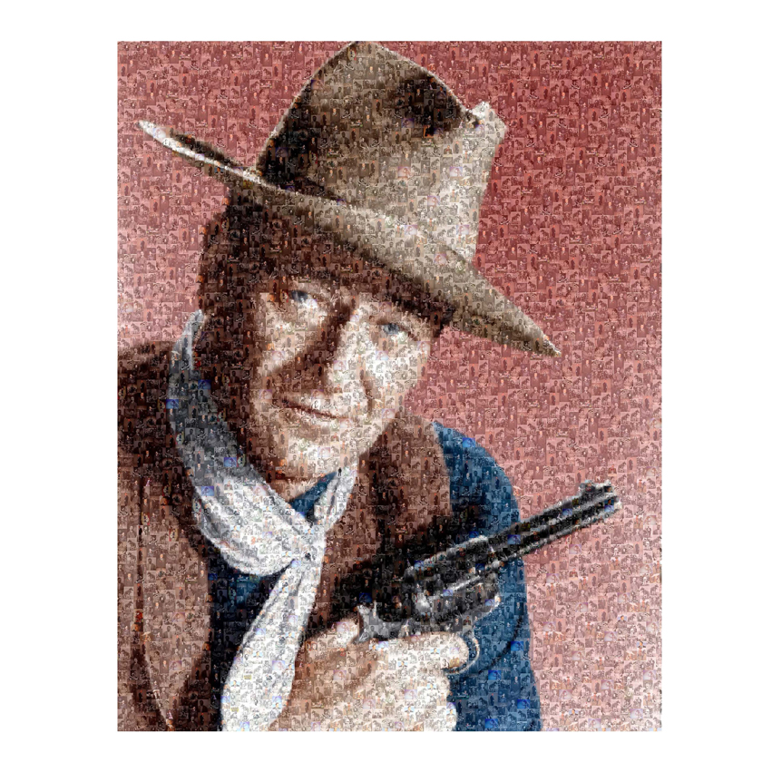 Photo of John Wayne made up of smaller photos holding a gun