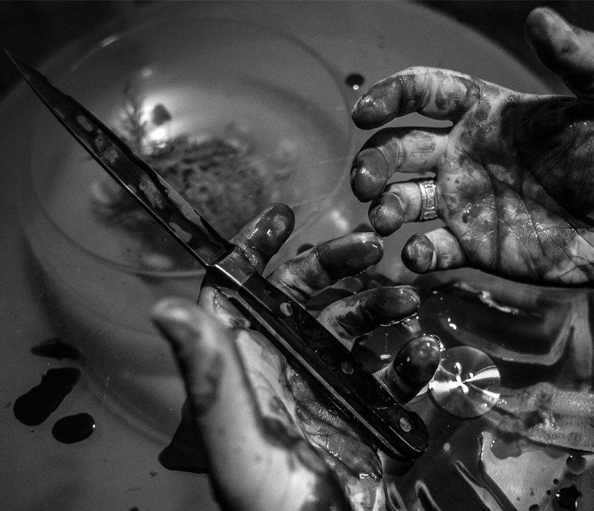 Bloody hands holding knife above sink