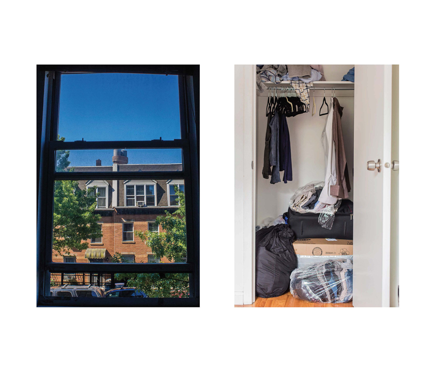 Window looking out to sunny sky and house next to photo of messy closet