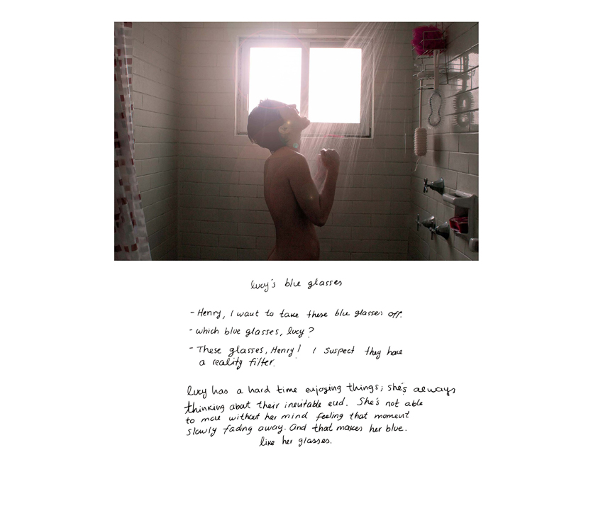 ﻿Woman singing in shower with poem under image
