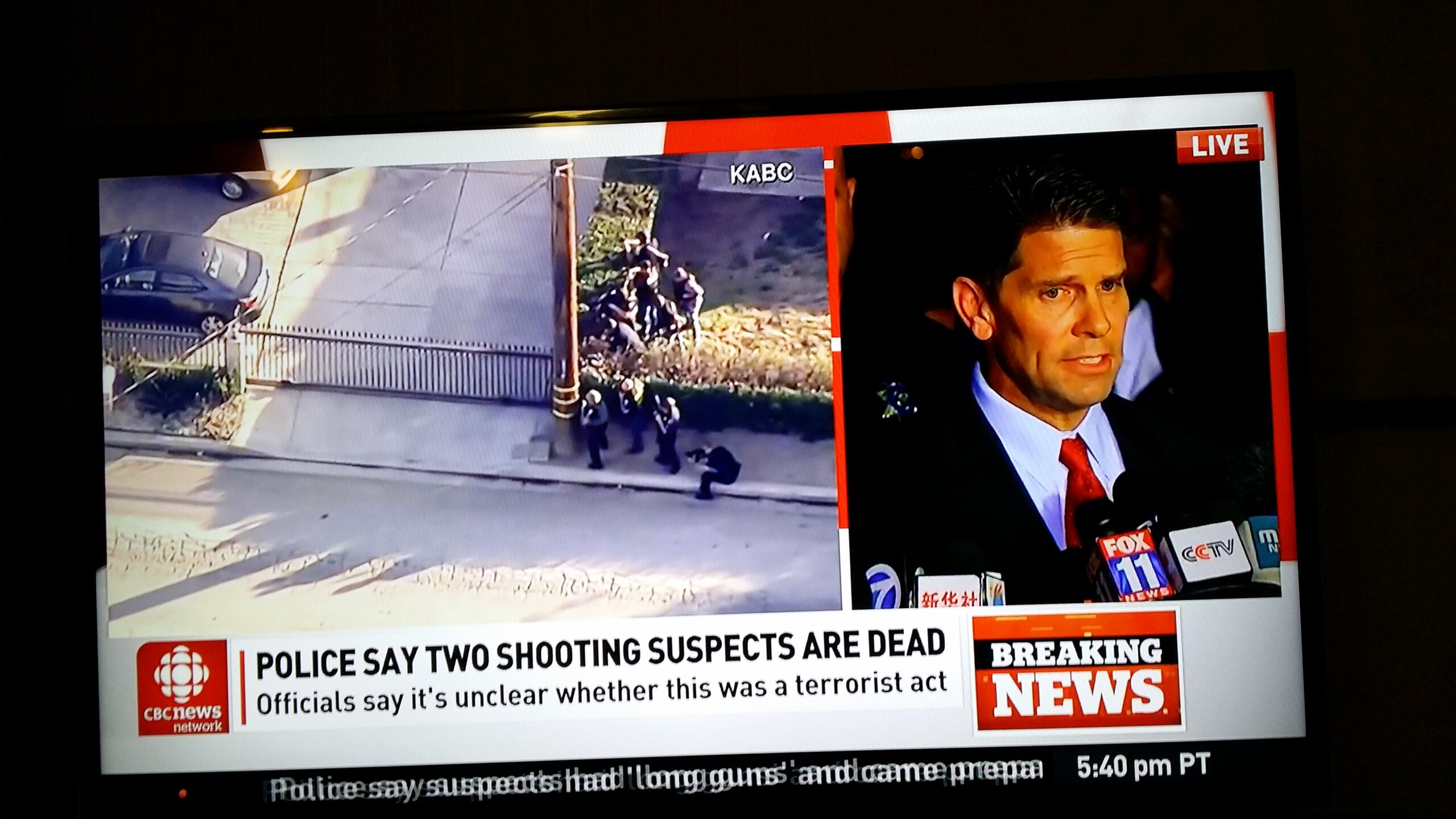 Shot of television coverage of San Bernardino shooting