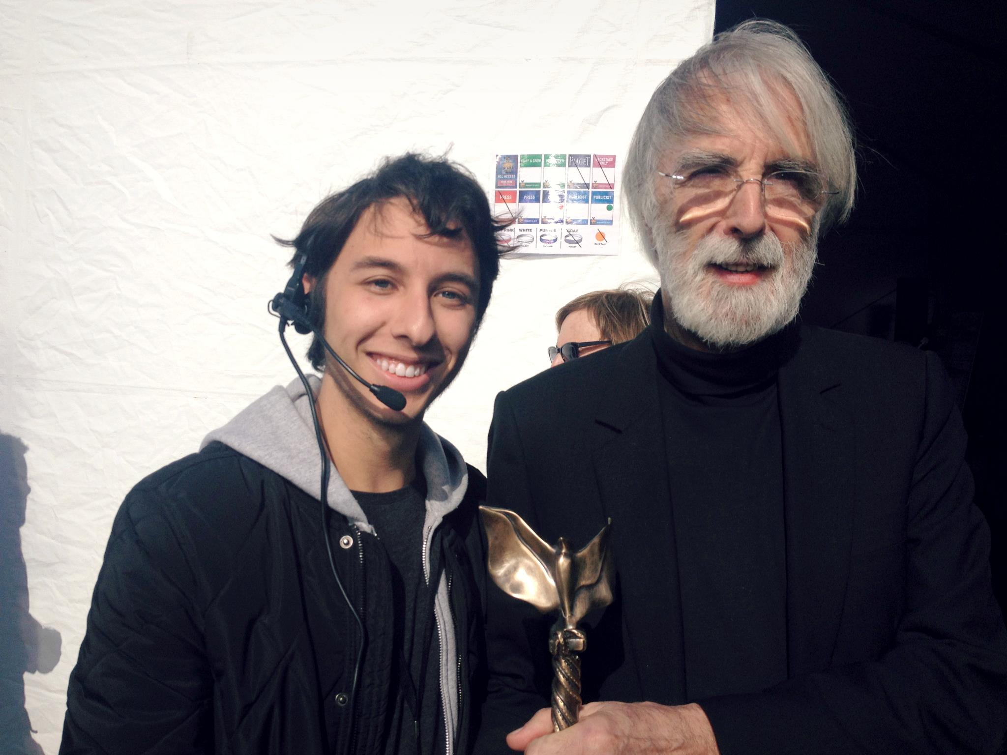 BFA Filmmaking student Enrique Pedraza with Oscar-winning 'Amour' writer/director Michael Haneke