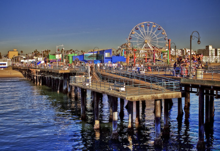 The ferris wheel and attractions at the Santa Monica Pier