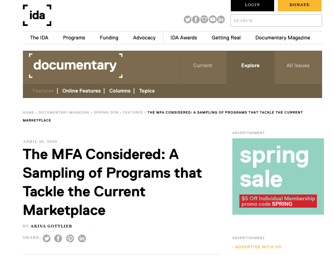 “Documentary” Magazine’s Spring 2018 Issue Highlights New York Film Academy Documentary Filmmaking School
