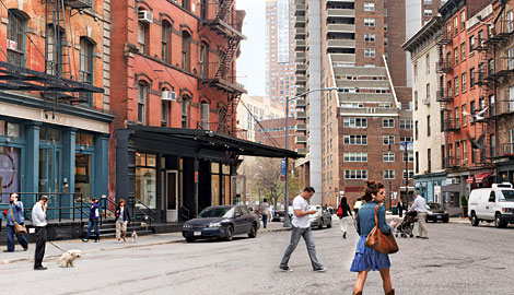 People walk on the street in Tribeca NYC