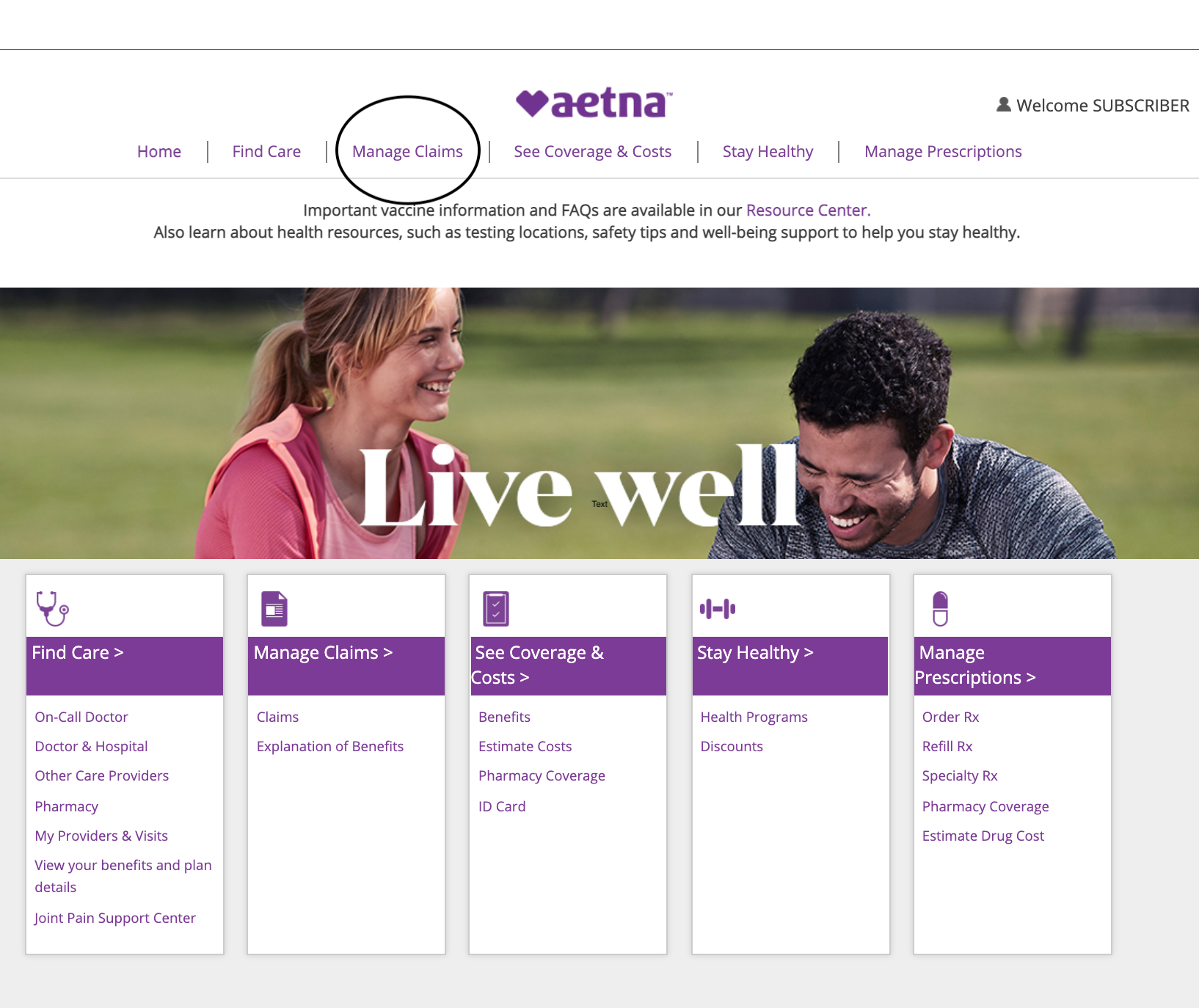 Screenshot of health insurance website
